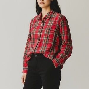 NEW Marine Layer Zoe Cropped Tartan Plaid Shirt Red Size Medium